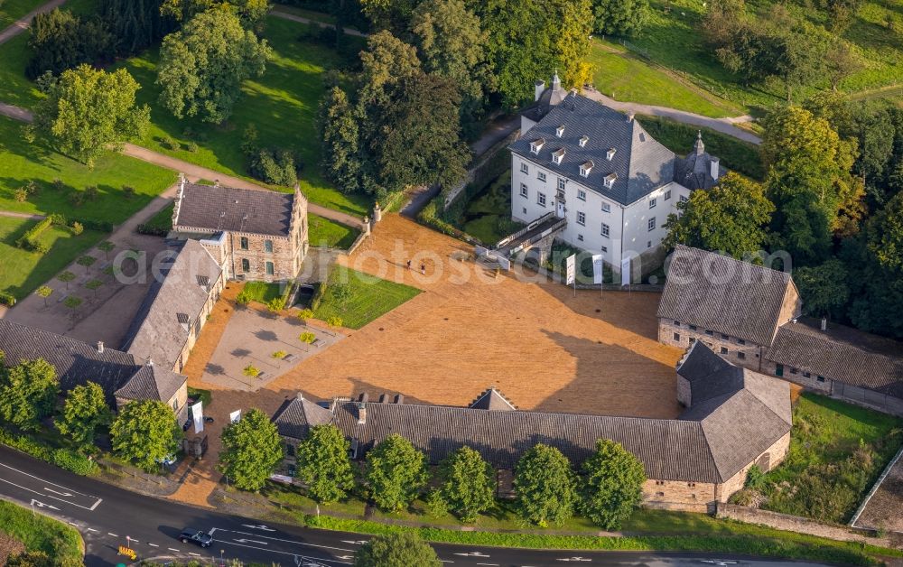 Holzwickede from above - Buildings and parks at the mansion of the farmhouse Haus Opherdicke in Holzwickede in the state North Rhine-Westphalia, Germany