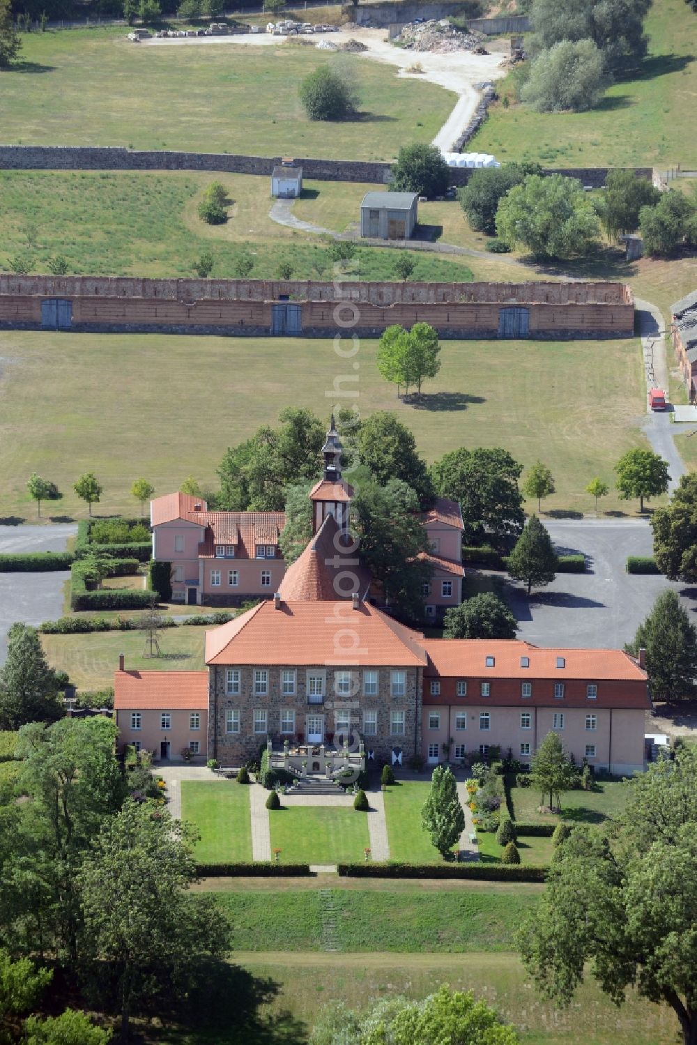 Lietzen from above - Buildings and parks at the mansion of the farmhouse of the Komturei - commandry in Lietzen in the state Brandenburg