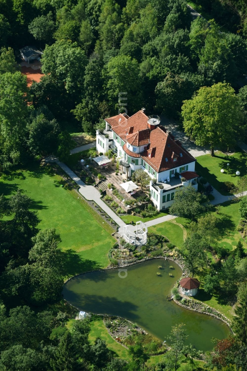 Osterode am Harz from above - Buildings and parks at the mansion of the farmhouse in Osterode am Harz in the state Lower Saxony, Germany