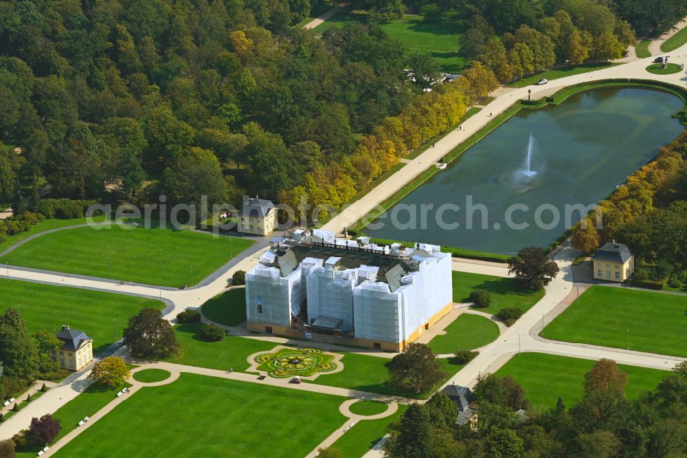 Aerial photograph Dresden - Renovation work on the building and park facilities of the manor house Palais - Grosser Garten in Dresden in the federal state of Saxony, Germany