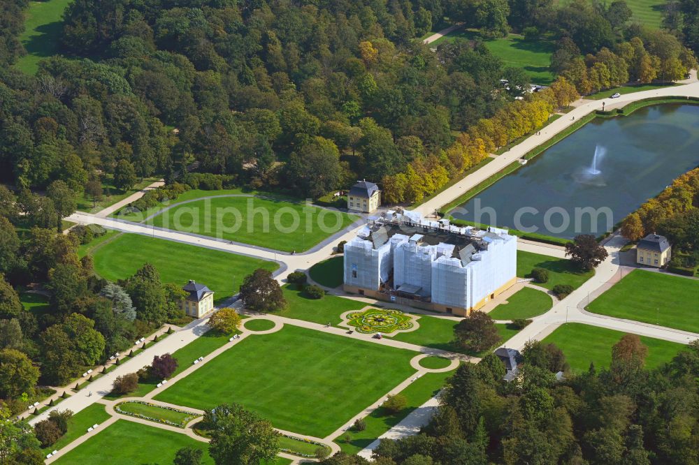 Dresden from above - Renovation work on the building and park facilities of the manor house Palais - Grosser Garten in Dresden in the federal state of Saxony, Germany