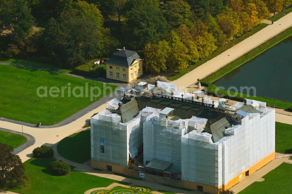 Dresden from the bird's eye view: Renovation work on the building and park facilities of the manor house Palais - Grosser Garten in Dresden in the federal state of Saxony, Germany