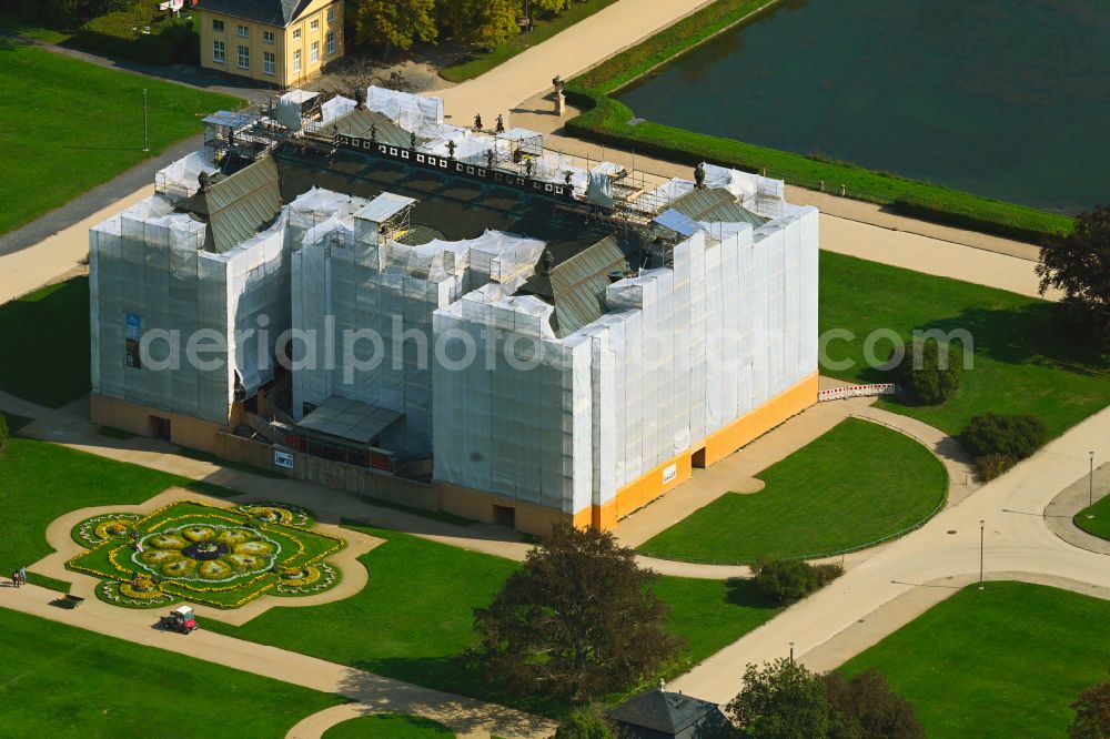 Aerial photograph Dresden - Renovation work on the building and park facilities of the manor house Palais - Grosser Garten in Dresden in the federal state of Saxony, Germany