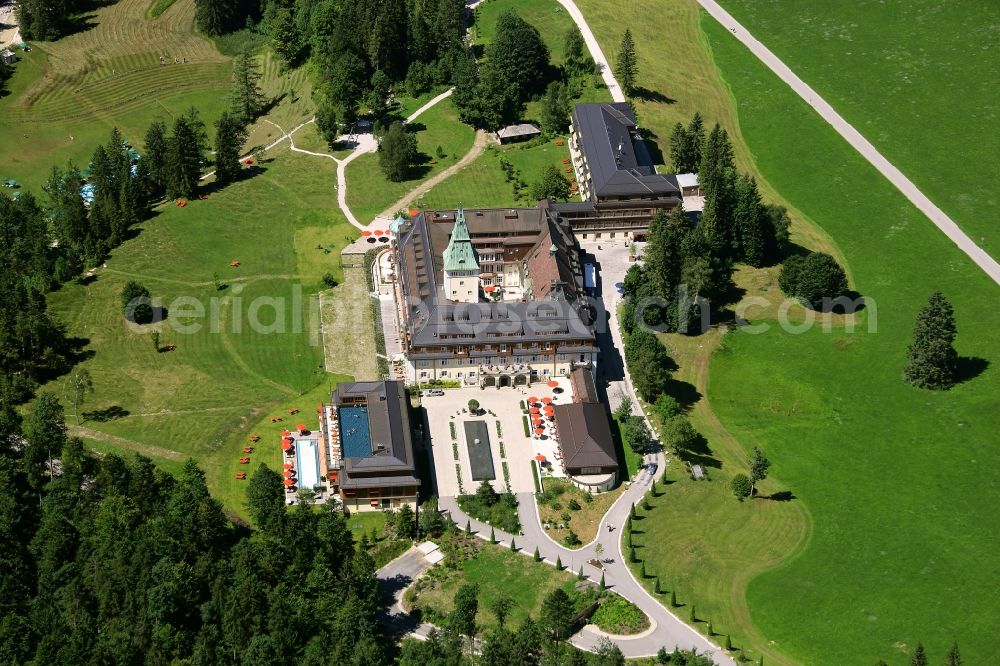 Aerial image Krün - Building and Castle Park Castle Schloss Elmau Luxury Spa in Kruen in the state Bavaria