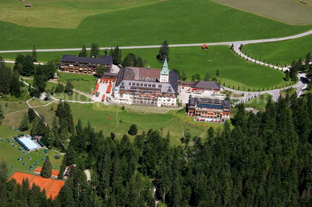 Krün from the bird's eye view: Building and Castle Park Castle Schloss Elmau Luxury Spa in Kruen in the state Bavaria