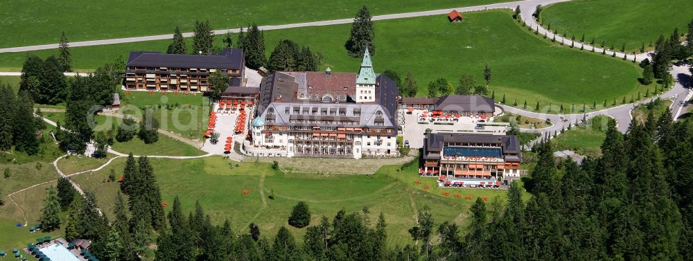 Aerial image Krün - Building and Castle Park Castle Schloss Elmau Luxury Spa in Kruen in the state Bavaria