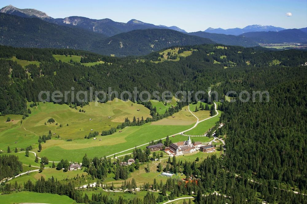 Aerial photograph Krün - Building and Castle Park Castle Schloss Elmau Luxury Spa in Kruen in the state Bavaria