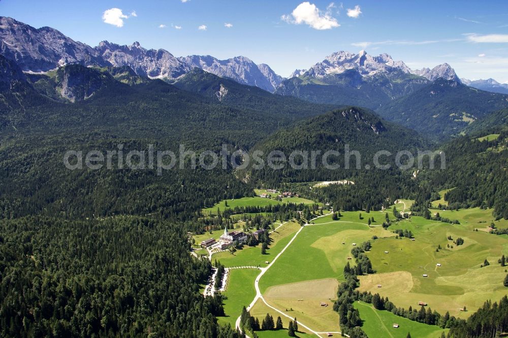 Krün from above - Building and Castle Park Castle Schloss Elmau Luxury Spa in Kruen in the state Bavaria