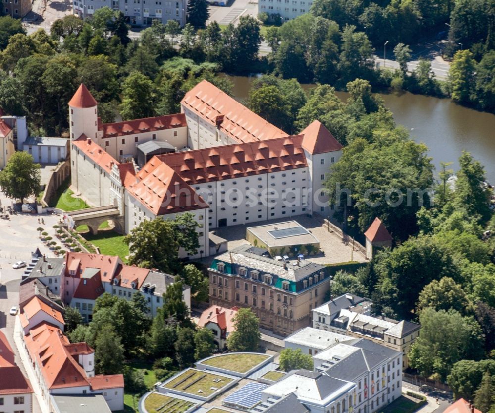 Freiberg from the bird's eye view: Building and Castle Park Schloss Freudenstein in Freiberg in the state Saxony. In the restored Renaissance Castle is today one of the largest mineral and housed the mountain archive Freiberg