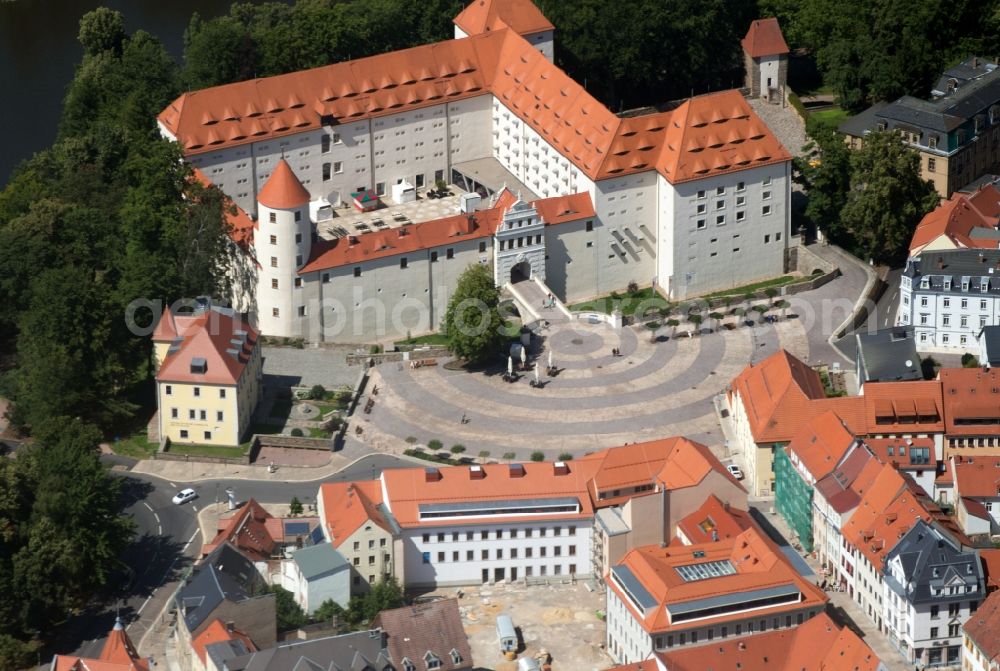 Aerial image Freiberg - Building and Castle Park Schloss Freudenstein in Freiberg in the state Saxony. In the restored Renaissance Castle is today one of the largest mineral and housed the mountain archive Freiberg