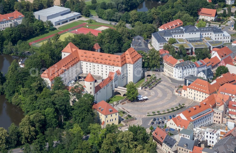 Aerial photograph Freiberg - Building and Castle Park Schloss Freudenstein in Freiberg in the state Saxony. In the restored Renaissance Castle is today one of the largest mineral and housed the mountain archive Freiberg