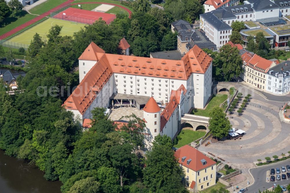 Freiberg from above - Building and Castle Park Schloss Freudenstein in Freiberg in the state Saxony. In the restored Renaissance Castle is today one of the largest mineral and housed the mountain archive Freiberg