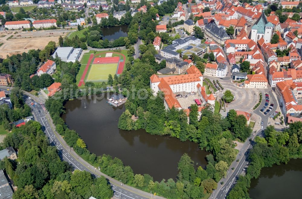 Aerial image Freiberg - Building and Castle Park Schloss Freudenstein in Freiberg in the state Saxony. In the restored Renaissance Castle is today one of the largest mineral and housed the mountain archive Freiberg