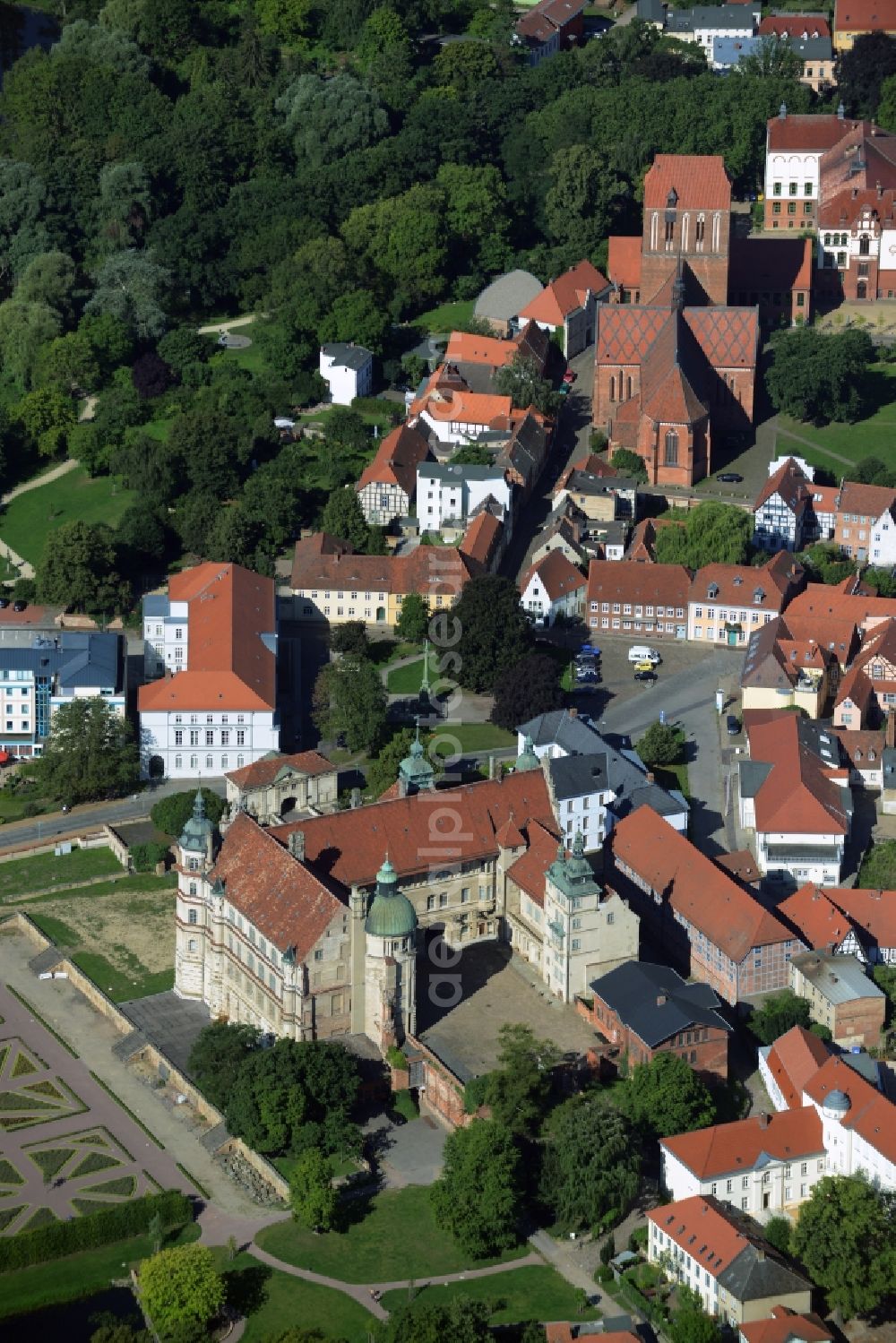 Güstrow from above - Building and Castle Park Castle Guestrow in Guestrow in the state Mecklenburg - Western Pomerania