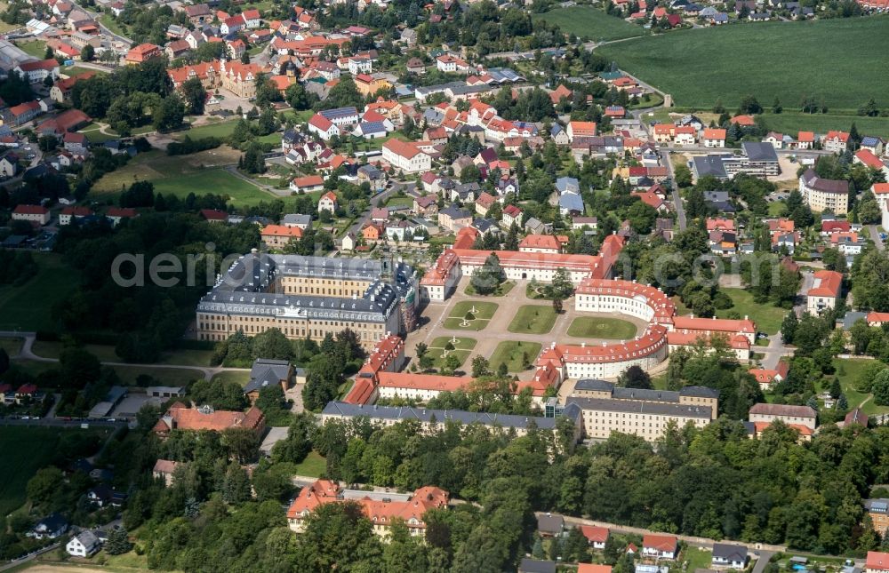 Wermsdorf from the bird's eye view: Building and Castle Park Castle Schloss Hubertusburg in Wermsdorf in the state Saxony. he Royal hunting residence Hubertus Castle of the Saxon elector and Polish King August III represents one of the most important castle complexes of the 18th century in Germany. The castle is now a museum