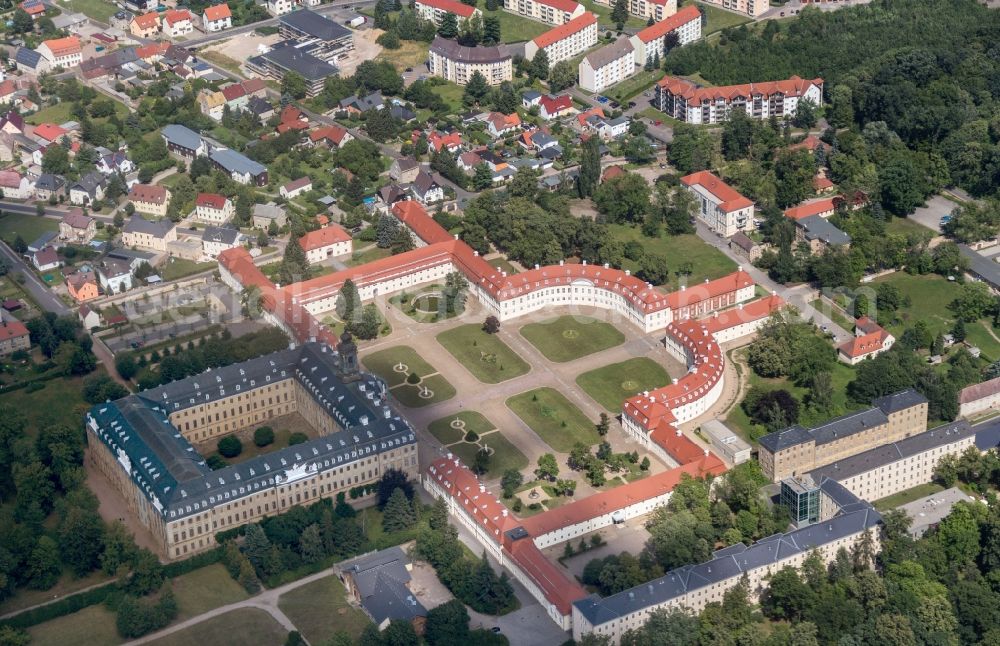 Aerial image Wermsdorf - Building and Castle Park Castle Schloss Hubertusburg in Wermsdorf in the state Saxony. he Royal hunting residence Hubertus Castle of the Saxon elector and Polish King August III represents one of the most important castle complexes of the 18th century in Germany. The castle is now a museum