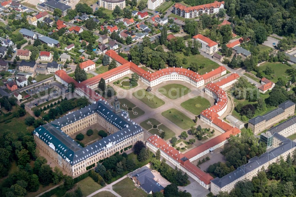 Aerial photograph Wermsdorf - Building and Castle Park Castle Schloss Hubertusburg in Wermsdorf in the state Saxony. he Royal hunting residence Hubertus Castle of the Saxon elector and Polish King August III represents one of the most important castle complexes of the 18th century in Germany. The castle is now a museum