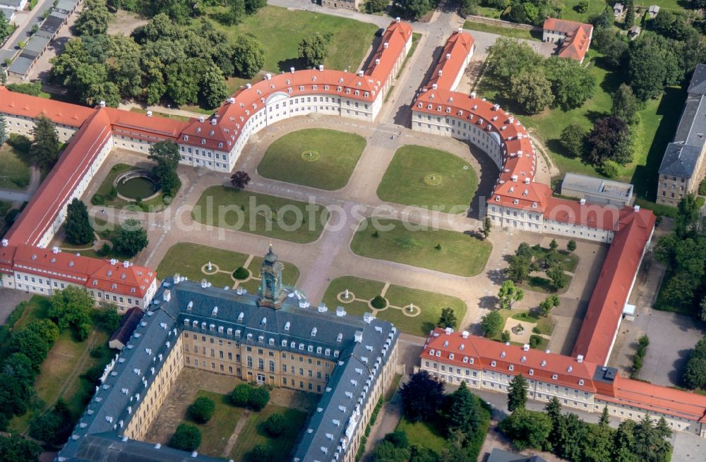 Wermsdorf from above - Building and Castle Park Castle Schloss Hubertusburg in Wermsdorf in the state Saxony. he Royal hunting residence Hubertus Castle of the Saxon elector and Polish King August III represents one of the most important castle complexes of the 18th century in Germany. The castle is now a museum