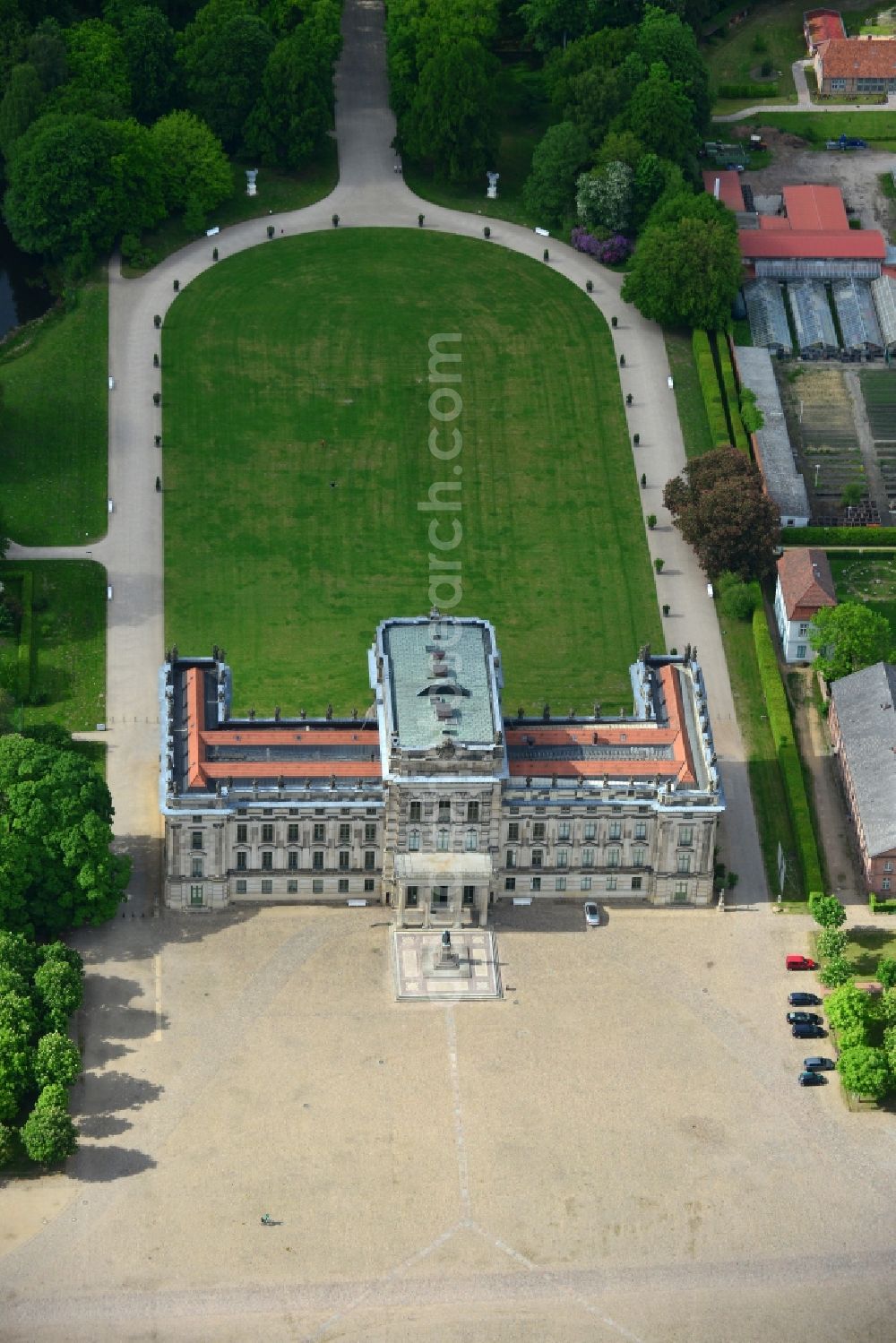 Ludwigslust from above - Building and Castle Park Castle Ludwigslust in the state Mecklenburg - Western Pomerania