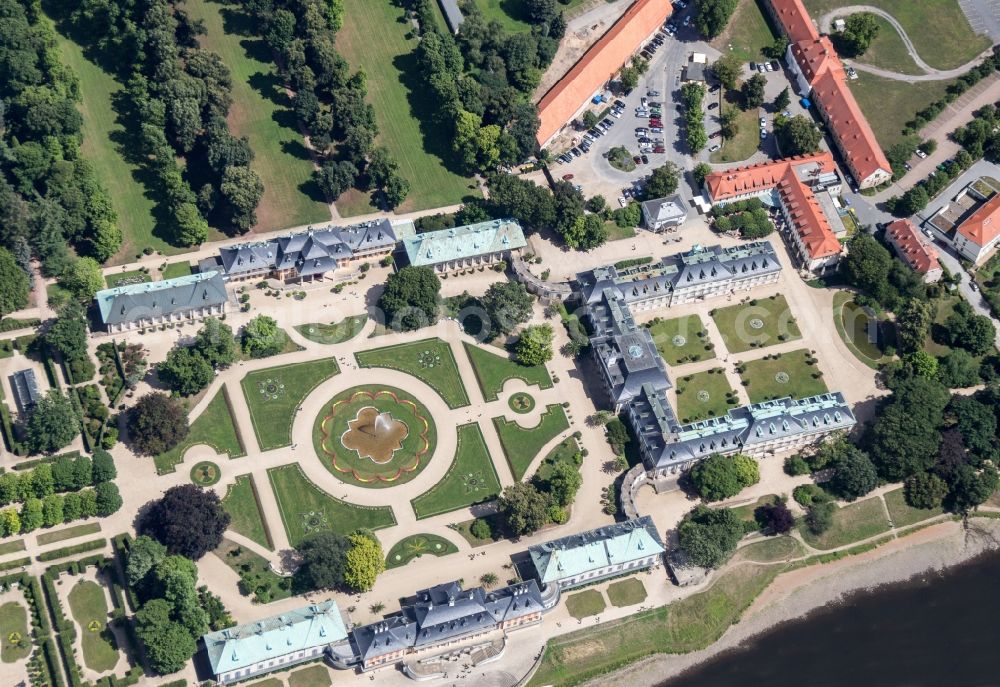 Dresden from the bird's eye view: Building and Castle Park Castle Pillnitz in Dresden in the state Saxony