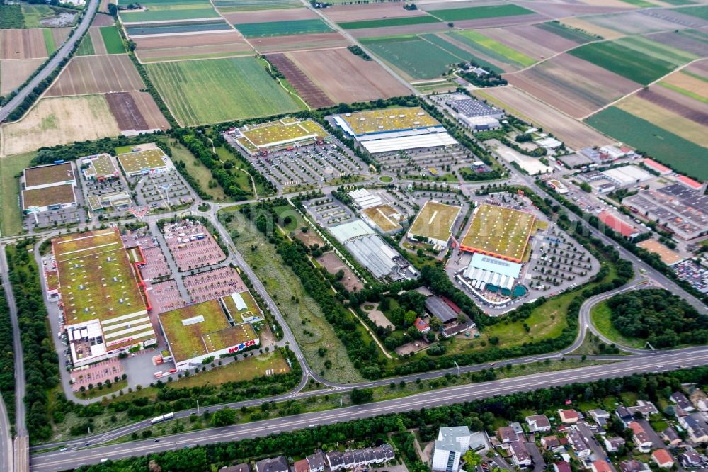 Aerial photograph Ludwigshafen am Rhein - Building of the construction market BAUHAUS and Roller Furniture in the district Oggersheim in Ludwigshafen am Rhein in the state Rhineland-Palatinate, Germany