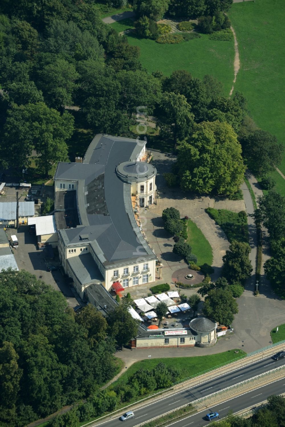 Leipzig from above - Building of the park castle in agra-park in Leipzig in the state of Saxony. The complex is home to the park restaurant