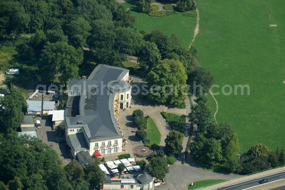 Leipzig from the bird's eye view: Building of the park castle in agra-park in Leipzig in the state of Saxony. The complex is home to the park restaurant