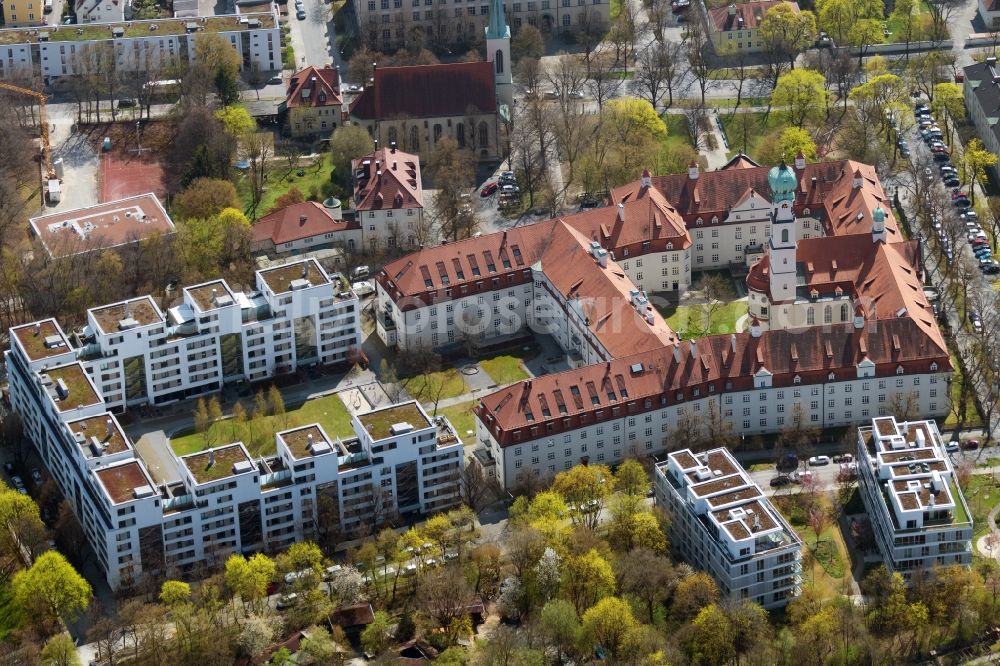 München from above - Building complex of the former monastery and today's nursing home Haus Heilig Geist, Muenchenstift in the district of Neuhausen-Nymphenburg in Munich in the state Bavaria, Germany