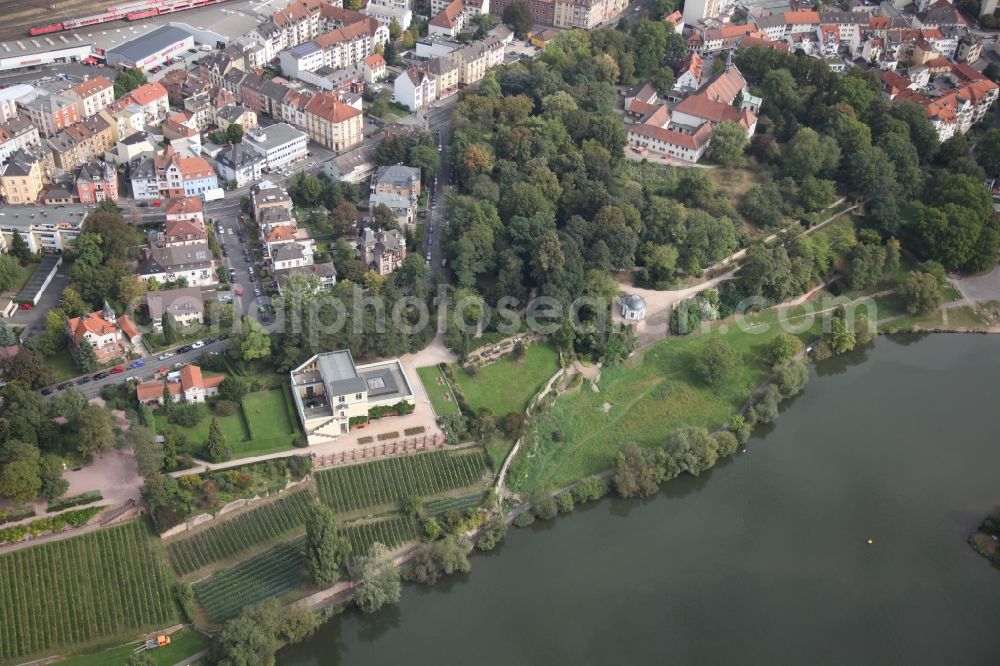 Aschaffenburg from above - Building Pompejanum, the antique replica of a Roman villa on the slopes of the River Main in Aschaffenburg in Bavaria
