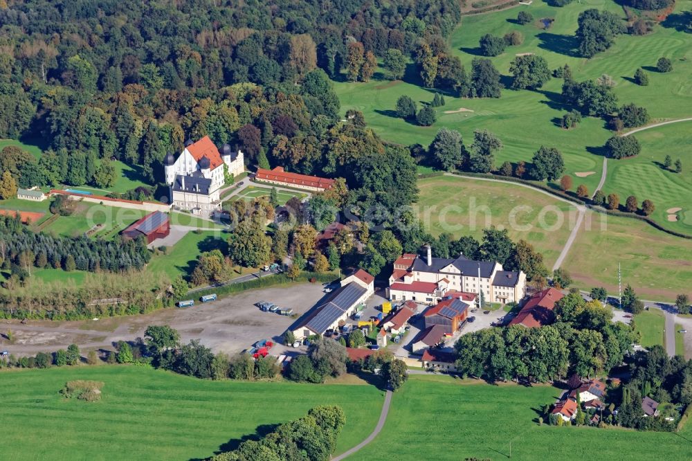 Tuntenhausen from above - Building and production halls on the premises of the brewery Maxlrain in Tuntenhausen in the state Bavaria, Germany