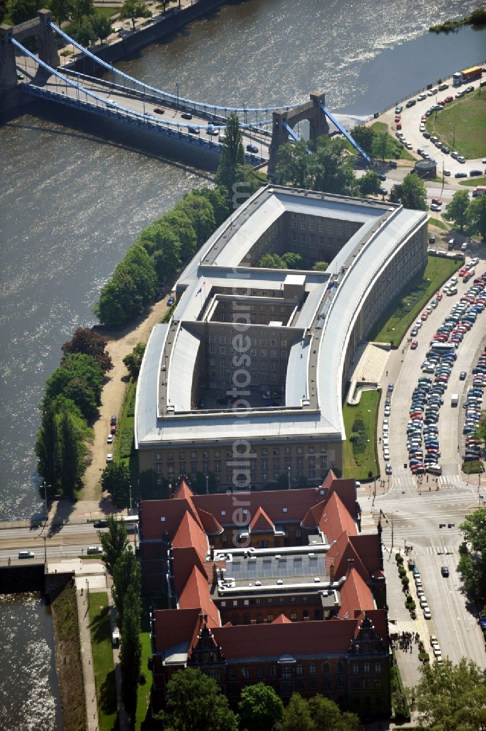 WROCLAW - BRESLAU from above - The building of the Regional Council of Lower Silesia on the banks of the Oder river in Wroclaw / Breslau in Lower Silesia in Poland. In the immediate vicinity of the former government building, now the National Museum of the Plac Powstancow