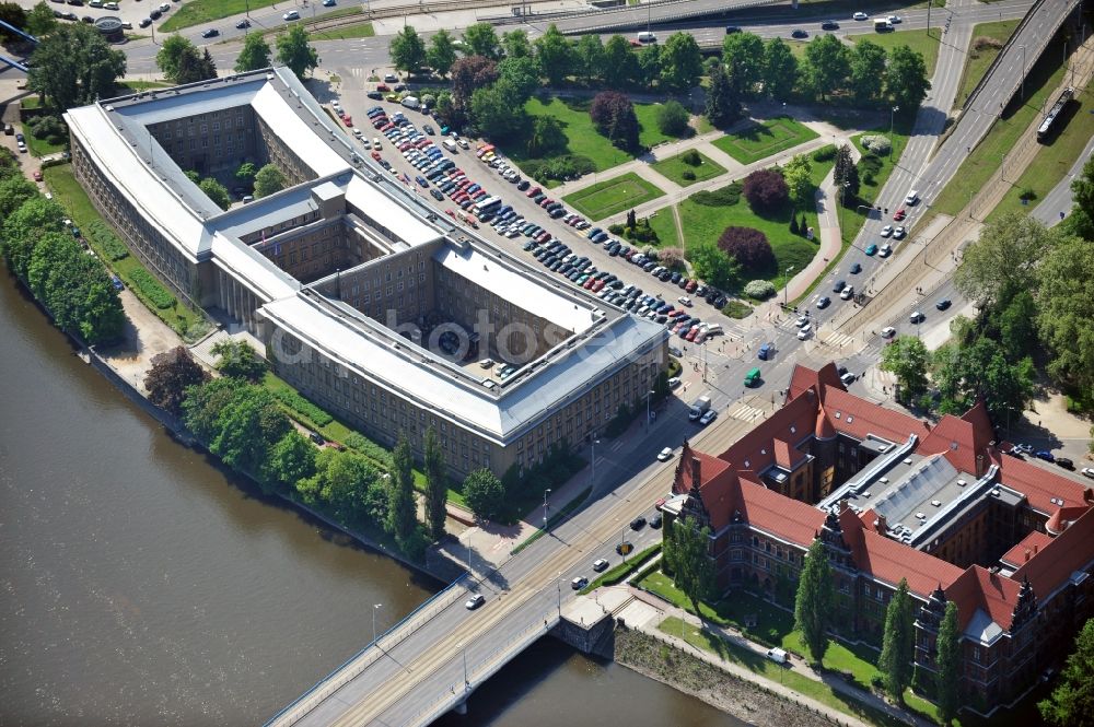 Aerial image WROCLAW - BRESLAU - The building of the Regional Council of Lower Silesia on the banks of the Oder river in Wroclaw / Breslau in Lower Silesia in Poland. In the immediate vicinity of the former government building, now the National Museum of the Plac Powstancow