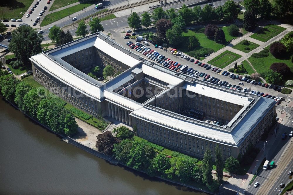 Aerial photograph WROCLAW - BRESLAU - The building of the Regional Council of Lower Silesia on the banks of the Oder river in Wroclaw / Breslau in Lower Silesia in Poland. In the immediate vicinity of the former government building, now the National Museum of the Plac Powstancow