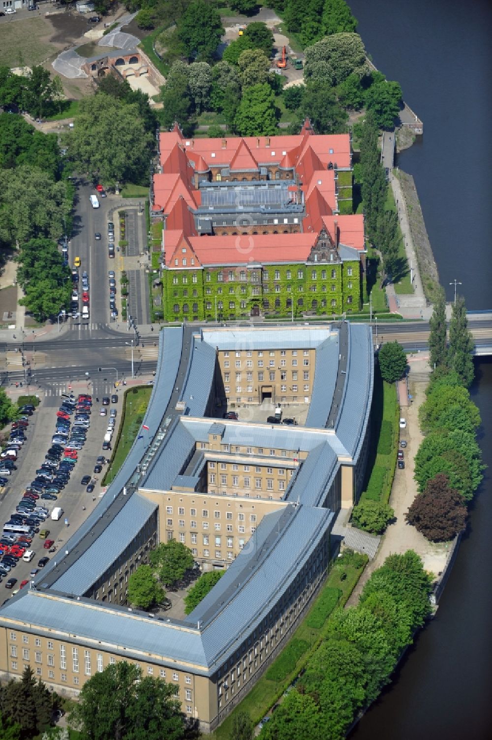 Aerial image WROCLAW - BRESLAU - The building of the Regional Council of Lower Silesia on the banks of the Oder river in Wroclaw / Breslau in Lower Silesia in Poland. In the immediate vicinity of the former government building, now the National Museum of the Plac Powstancow