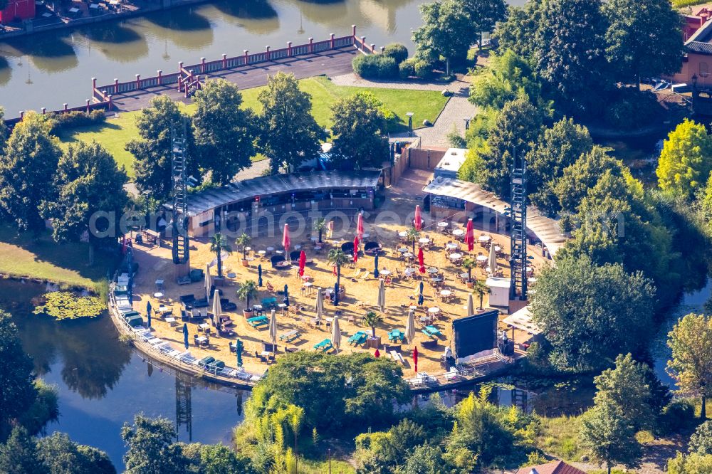 Aerial image Oberhausen - Building of the restaurant der Bar CentrO-Beach on CentrO-Promenade in Oberhausen at Ruhrgebiet in the state North Rhine-Westphalia, Germany