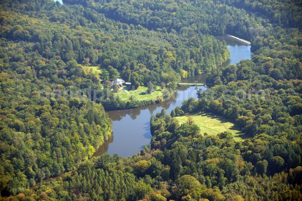 Stuttgart from the bird's eye view: Building of the restaurant Baerenschloessle in the Rotwildpark near the Baerensee in Stuttgart in the state Baden-Wuerttemberg