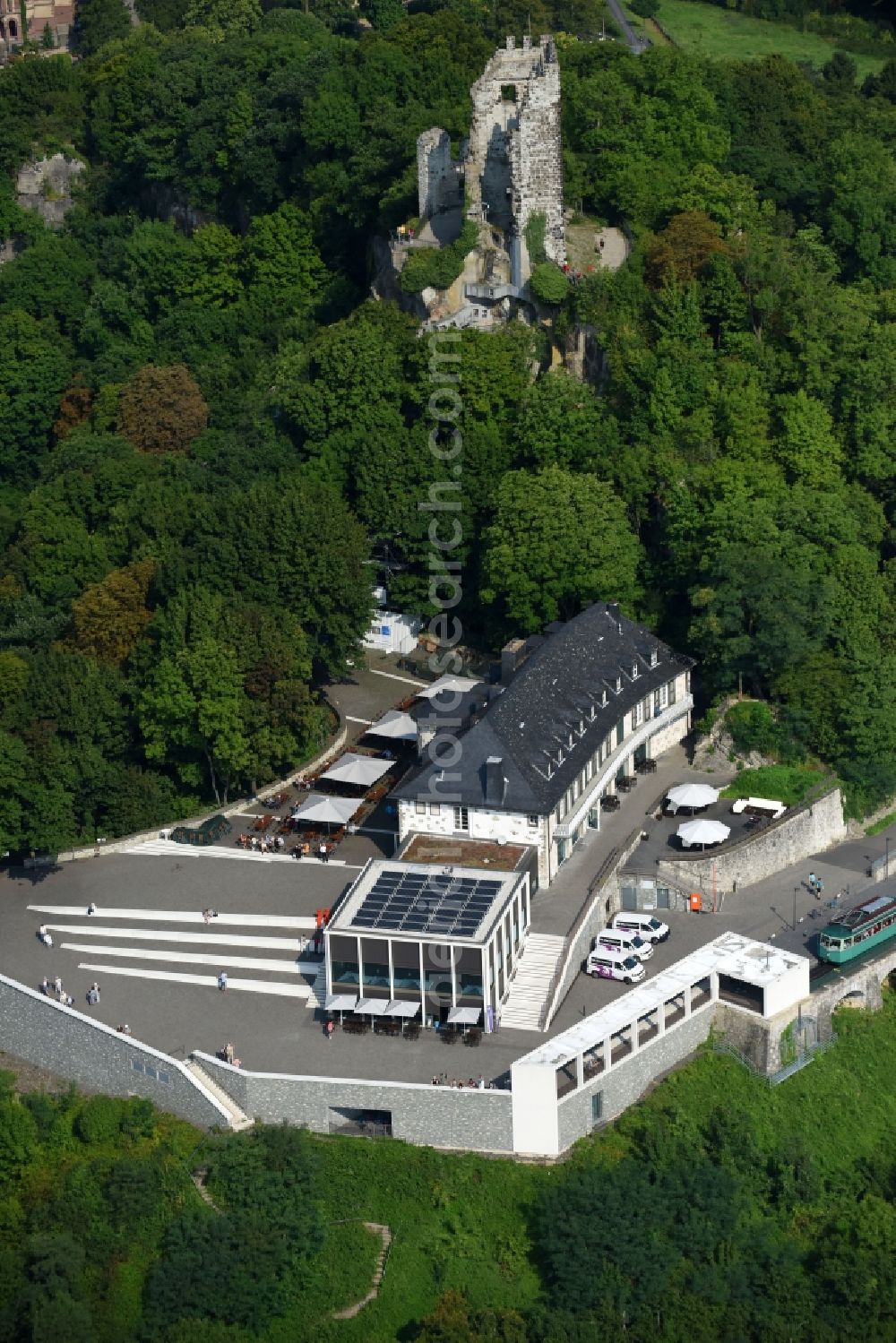 Königswinter from above - Building of the restaurant Drachenfels. Restaurant & Eventlocation in Koenigswinter in the state North Rhine-Westphalia, Germany