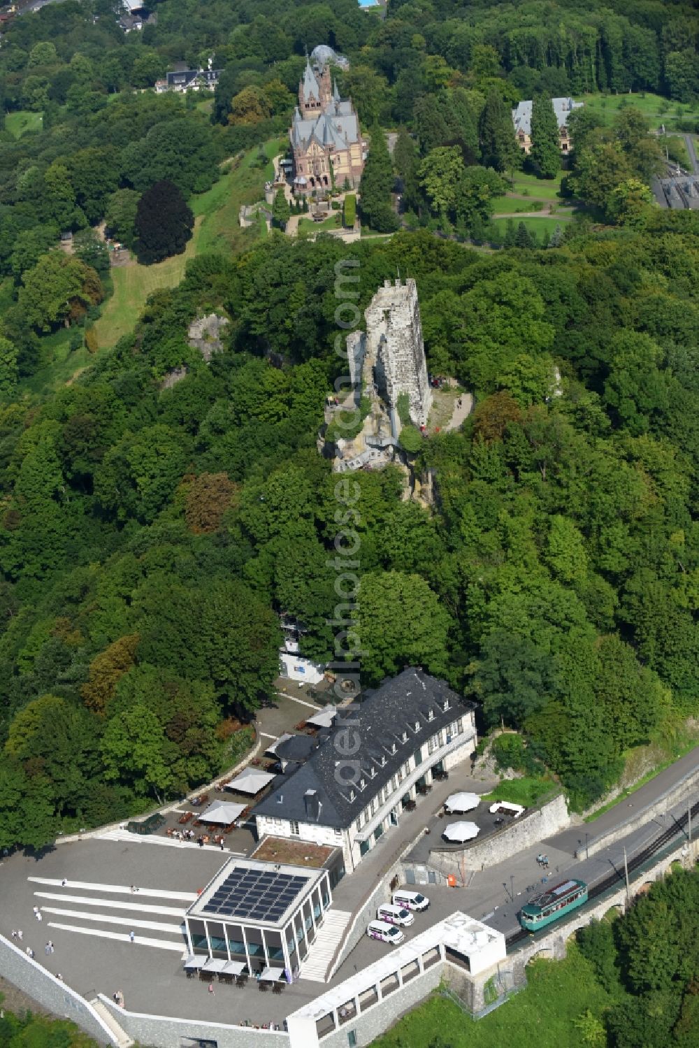 Aerial image Königswinter - Building of the restaurant Drachenfels. Restaurant & Eventlocation in Koenigswinter in the state North Rhine-Westphalia, Germany