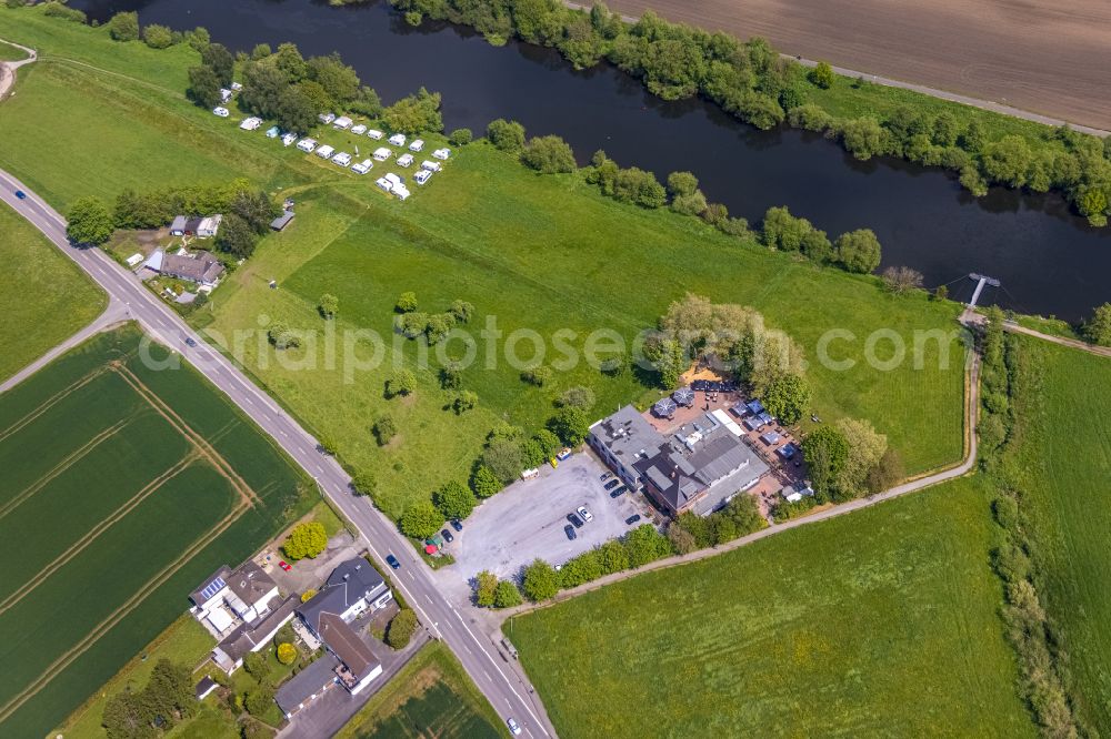 Mintard from above - Building of the restaurant Franky`s Wasserbahnhon street August-Thyssen-Strasse of Mintard on street August-Thyssen-Strasse in Mintard at Ruhrgebiet in the state North Rhine-Westphalia, Germany