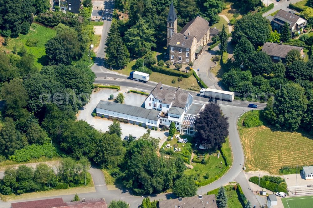 Hattingen from above - Building of the restaurant Gasthaus Silva at the Kohlen road in Hattingen in North Rhine-Westphalia. In the background, the Catholic parish Saint Engelbert