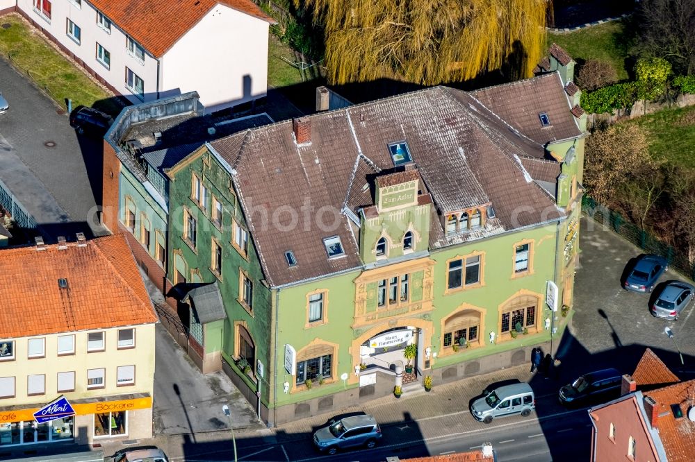 Aerial image Bönen - Building of the restaurant Gasthof Haus Timmering in Boenen in the state North Rhine-Westphalia, Germany