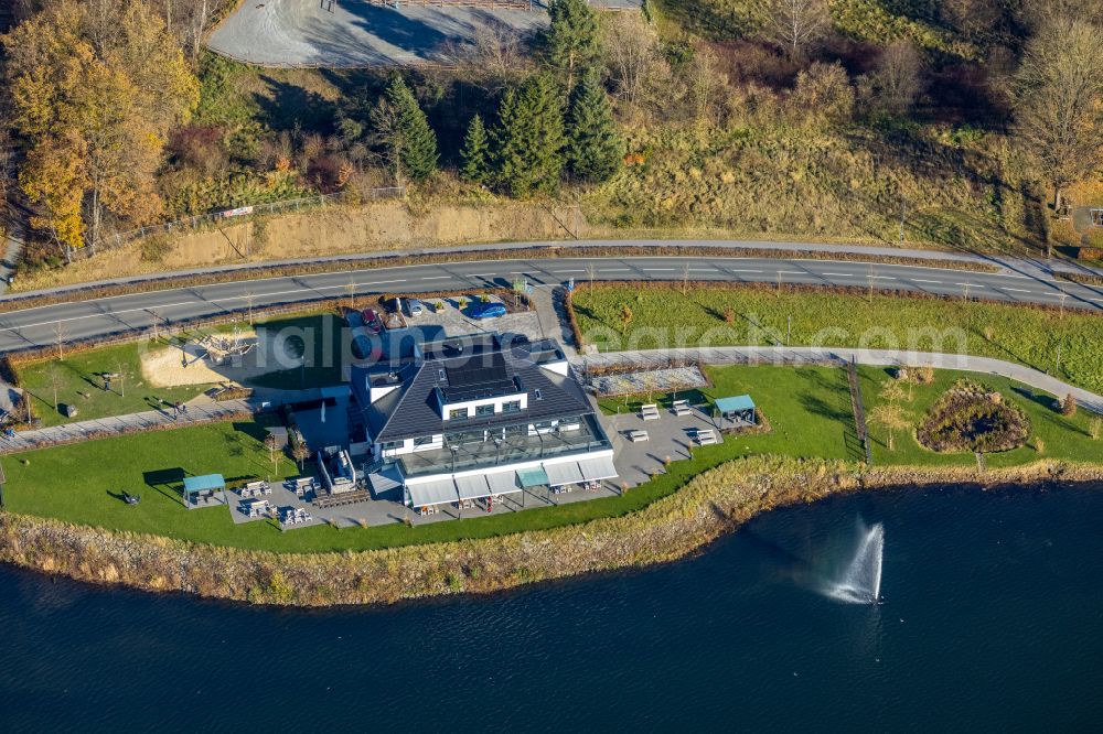 Amecke from above - Building of the restaurant Heimathafen Grote am Sorpesee in Amecke at Sauerland in the state North Rhine-Westphalia, Germany