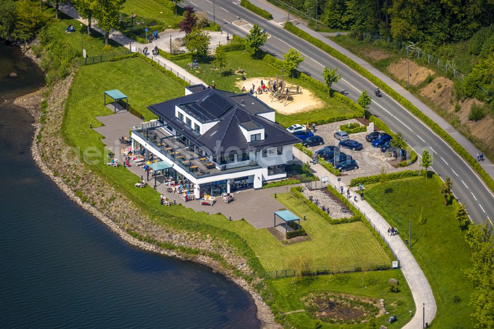 Aerial image Amecke - Building of the restaurant Heimathafen Grote am Sorpesee in Amecke at Sauerland in the state North Rhine-Westphalia, Germany