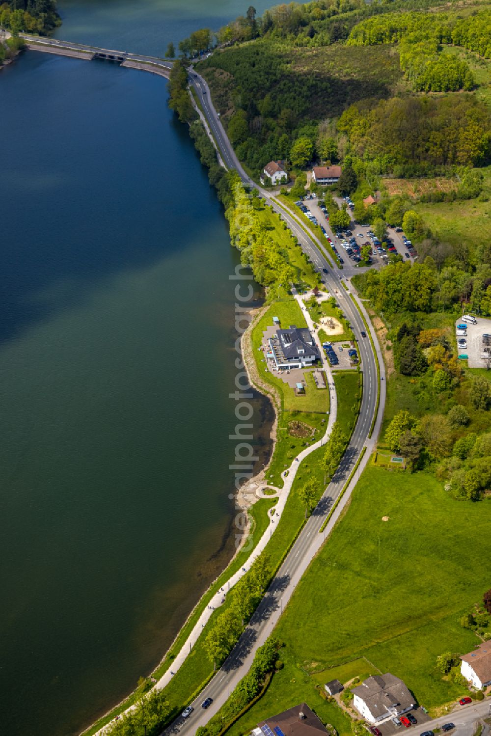 Aerial photograph Amecke - Building of the restaurant Heimathafen Grote am Sorpesee in Amecke at Sauerland in the state North Rhine-Westphalia, Germany