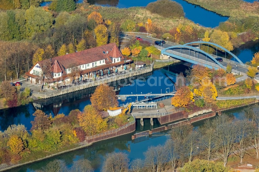 Hamm from above - Building of the restaurant and hotel Bootshaus at the Datteln Hamm canal in Hamm in the state North Rhine-Westphalia