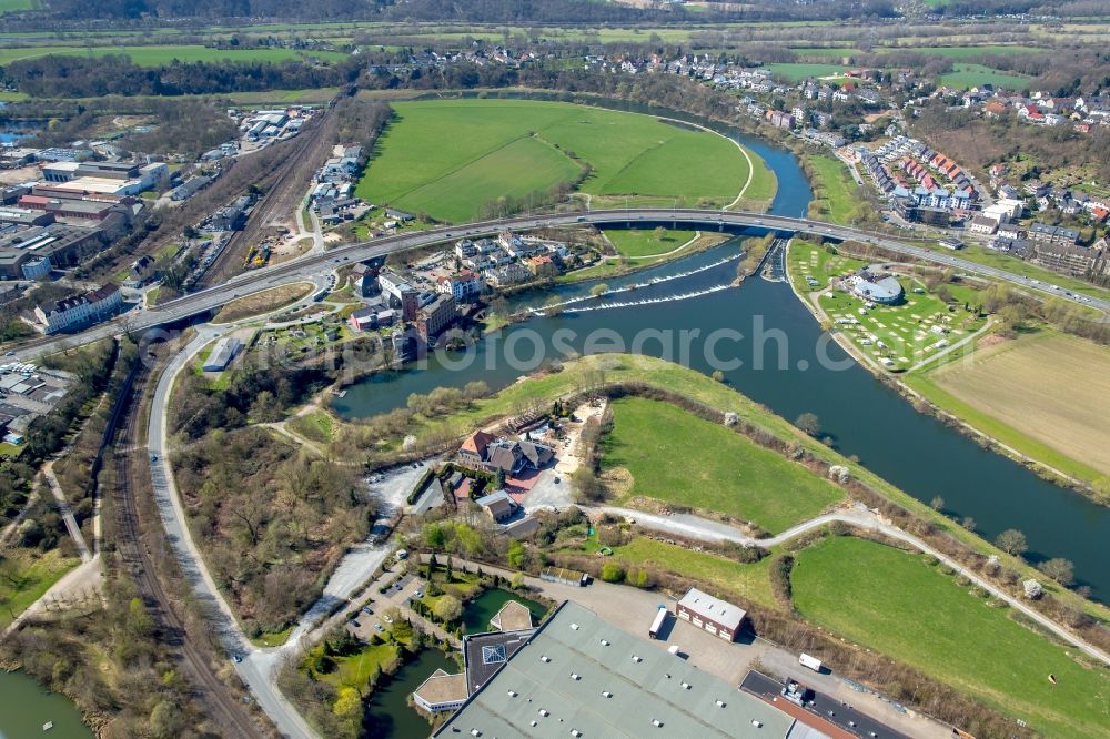 Aerial image Hattingen - Building of the restaurant Landhaus Grum on Ruhrdeich in Hattingen in the state North Rhine-Westphalia, Germany