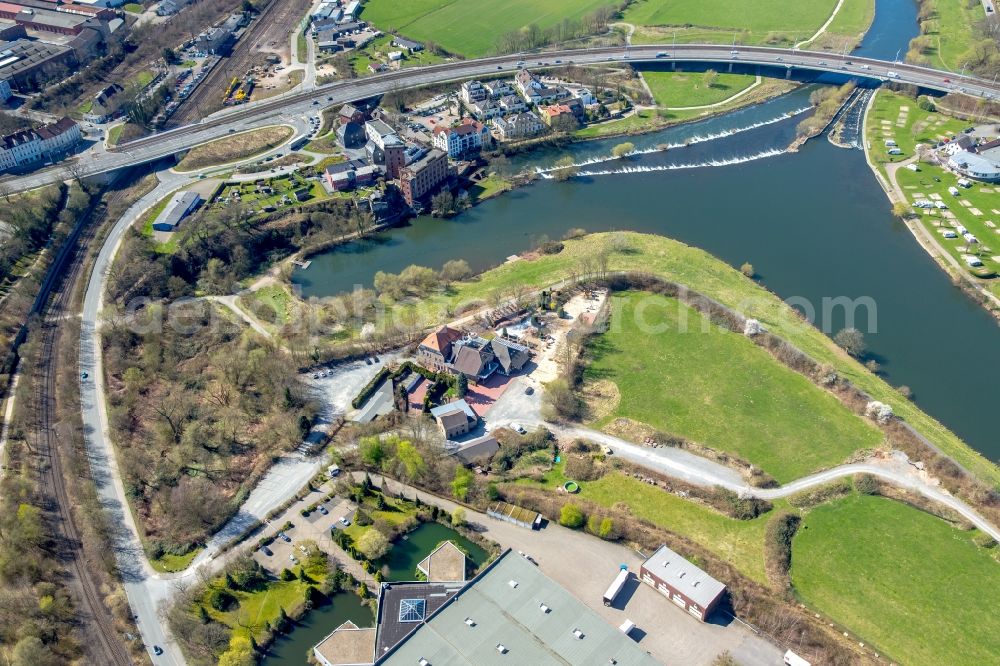 Aerial photograph Hattingen - Building of the restaurant Landhaus Grum on Ruhrdeich in Hattingen in the state North Rhine-Westphalia, Germany