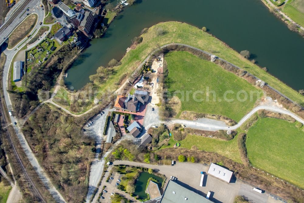 Aerial image Hattingen - Building of the restaurant Landhaus Grum on Ruhrdeich in Hattingen in the state North Rhine-Westphalia, Germany