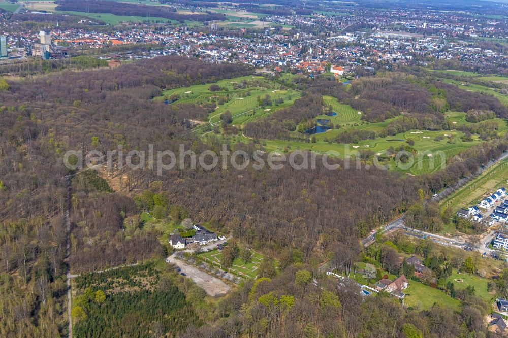 Aerial photograph Gelsenkirchen - Building of the restaurant Loewenpark Wok & Grill in the forest area on Westerholter Strasse in the district Buer in Gelsenkirchen in the Ruhr area in the state North Rhine-Westphalia, Germany