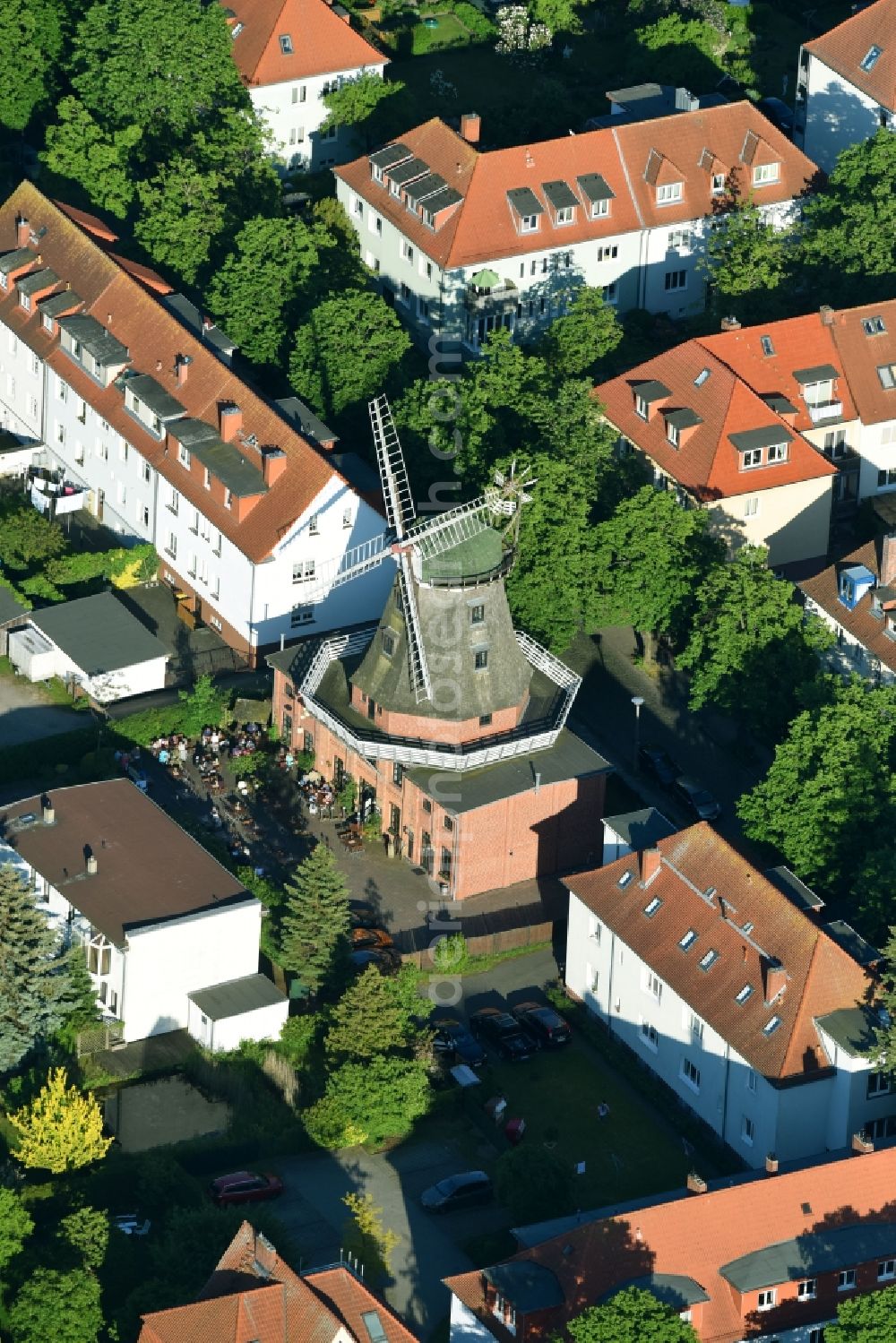 Warnemünde from above - Building of the restaurant Meyers Muehle in Warnemuende in the state Mecklenburg - Western Pomerania, Germany